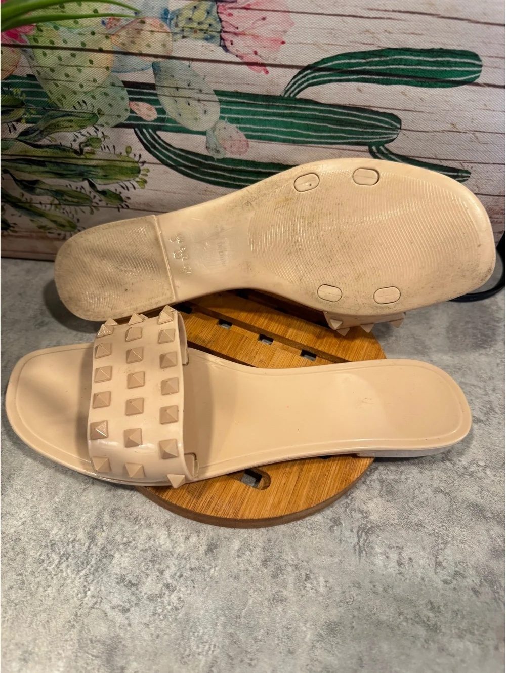 Nude slide-style fashion sandals with studded straps – Size 8